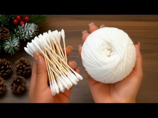Рождественская поделка из ватных палочек и пряжи