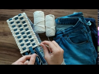 Изготовление корзин из старых джинс и веревкой макраме своими руками