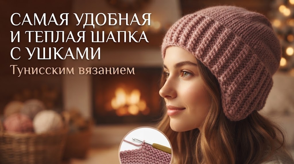 Самая удобная и теплая шапка с ушками тунисским вязанием