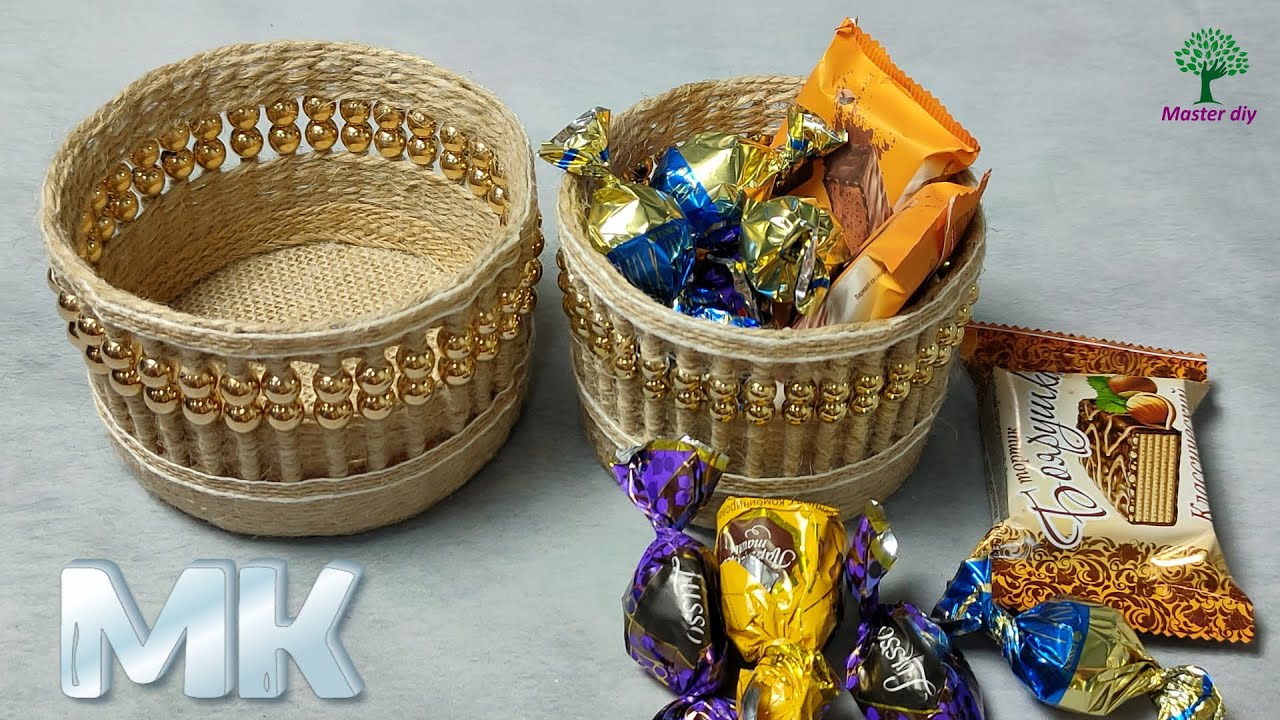 Корзинка-конфетница плетеная из джута с бусинами своими руками Быстро и красиво МК\Master diy